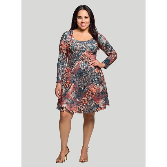 Plus Size Animal Long Sleeve Mini Skater Dress