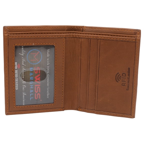 Marshal Slim Bifold Front Pocket Wallet 2 ID Window Credit Card Holder Genuine Leather RFID Blocking Tan