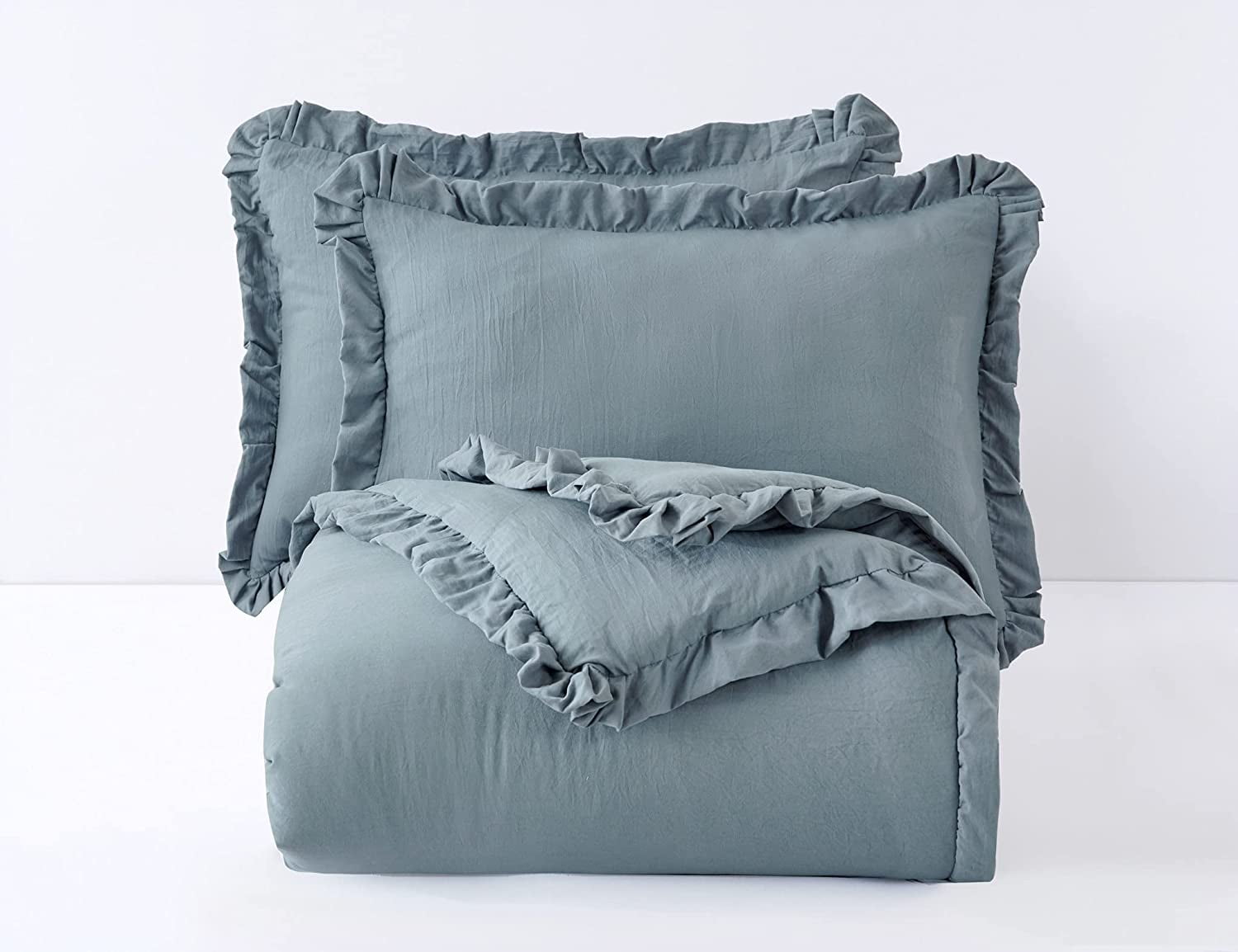 Chezmoi Collection Nora 3-Piece Dusty Blue Ruffled Edge Trim Microfiber Comforter Set, King Size