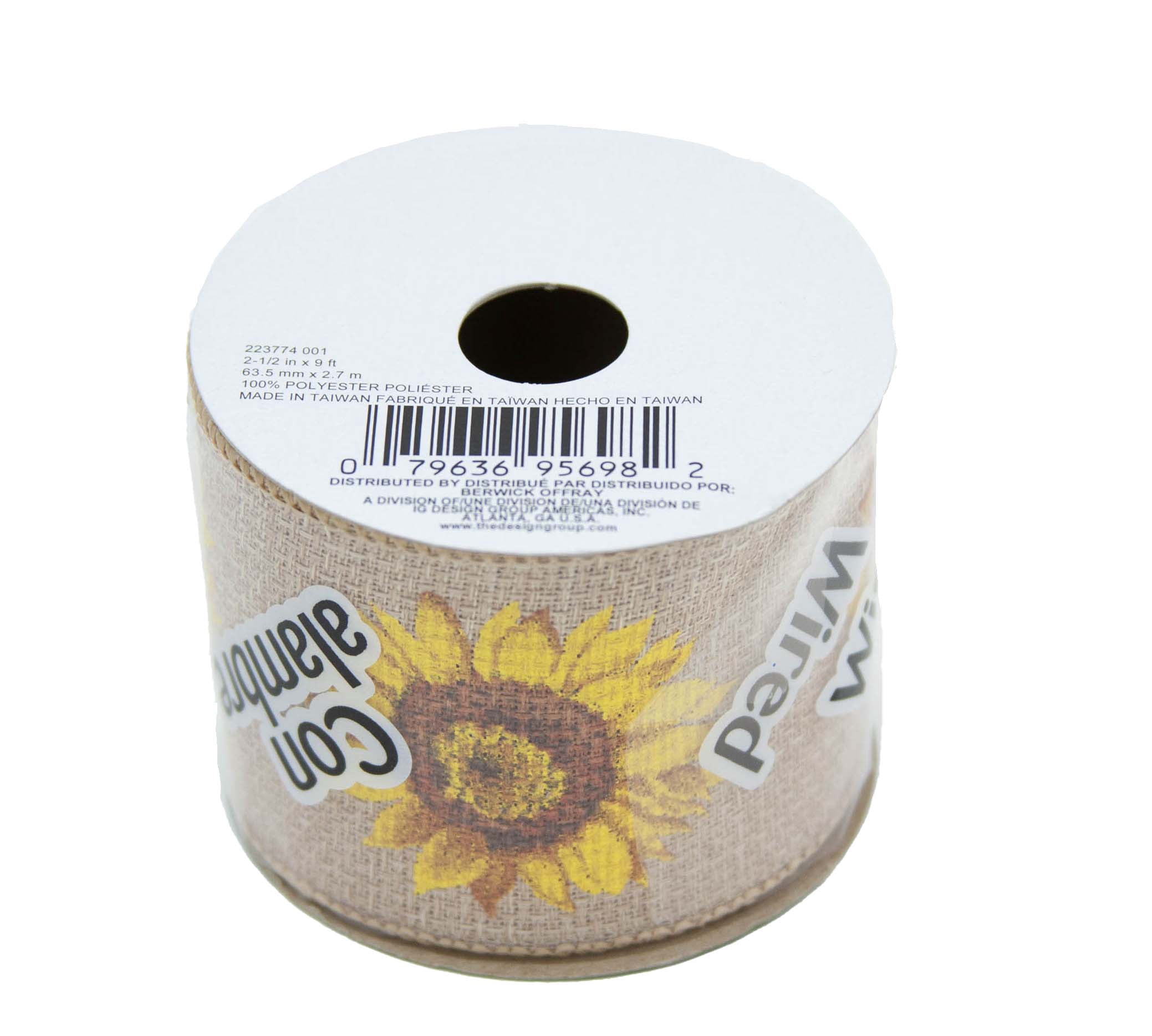 Offray Ribbon, Yellow 2 1/2 inch Wired Sunflower Burlap Ribbon, 9 feet