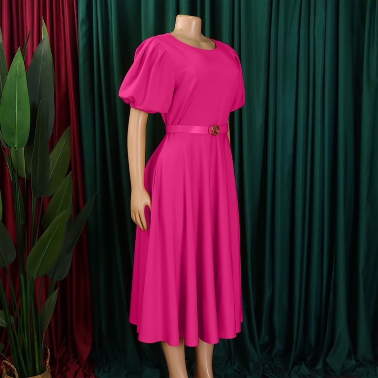 ClodeEU Women's Round Neck Puff Sleeve Belted Swing Midi Dress,Retro Cocktail Party Dress Hot Pink,Women's Plus M