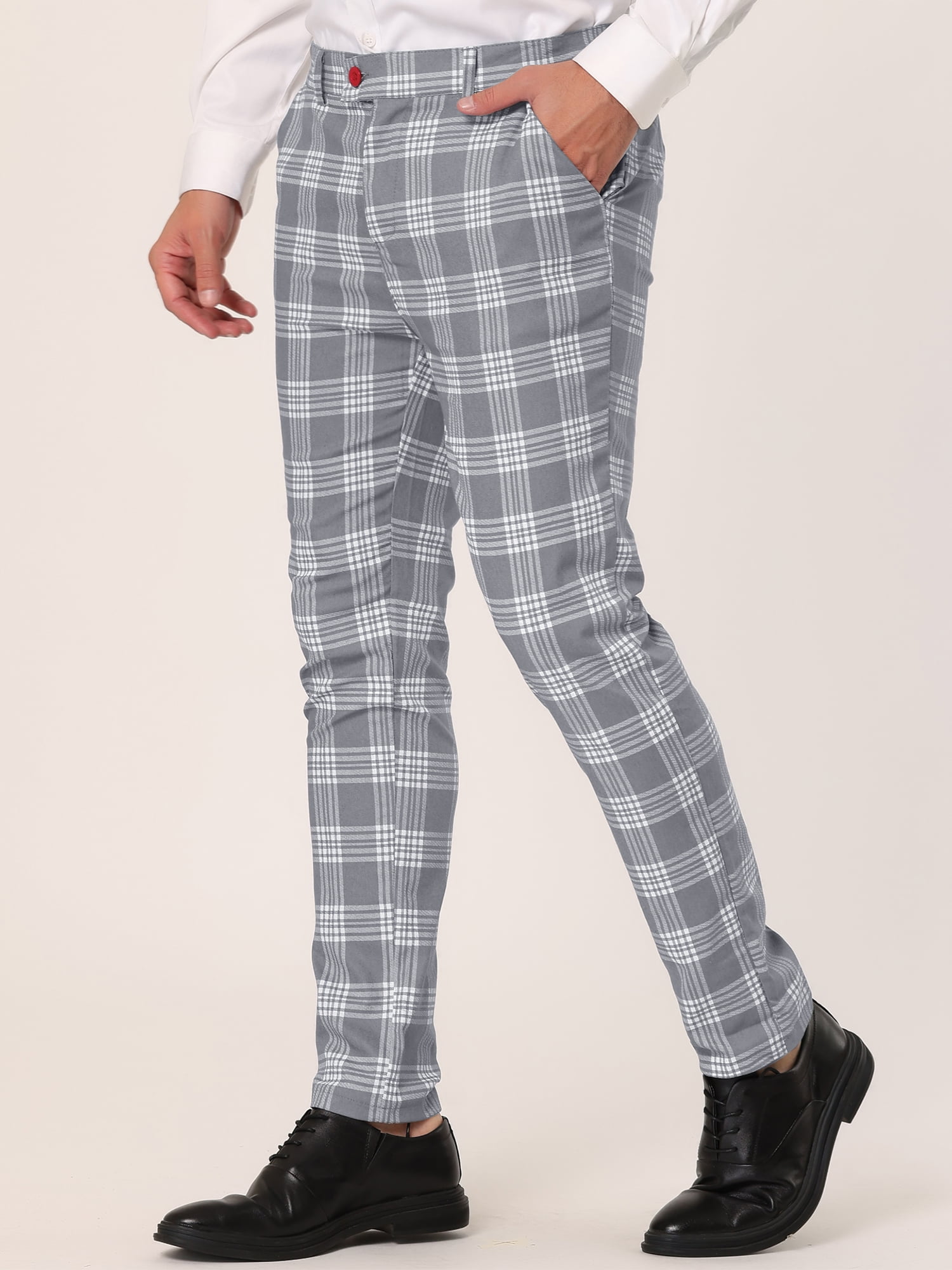 Unique Bargains Men's Plaid Pants Casual Slim Fit Flat Front Skinny Checked Dress Pants 36 Gray