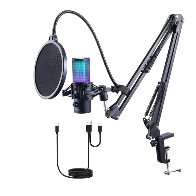 VEVOR Micrófono USB, 192 kHz/24 bits, kit de micrófono de condensador profesional con soporte de brazo de brazo, filtro pop, soporte de choque, 11 efectos de iluminación RGB, botón de silencio