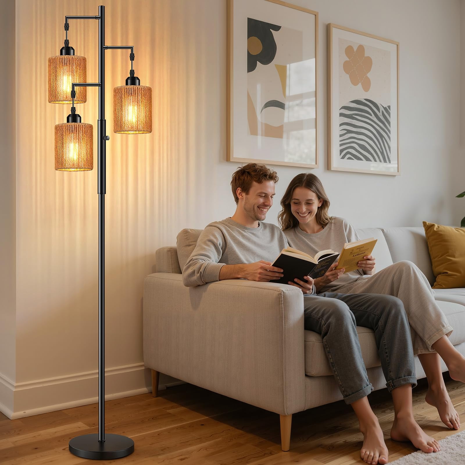 72" Boho Rattan Floor Lamp with Hand-Woven Paper Cord Shade, Dimmable Tree Lamp for Living Room