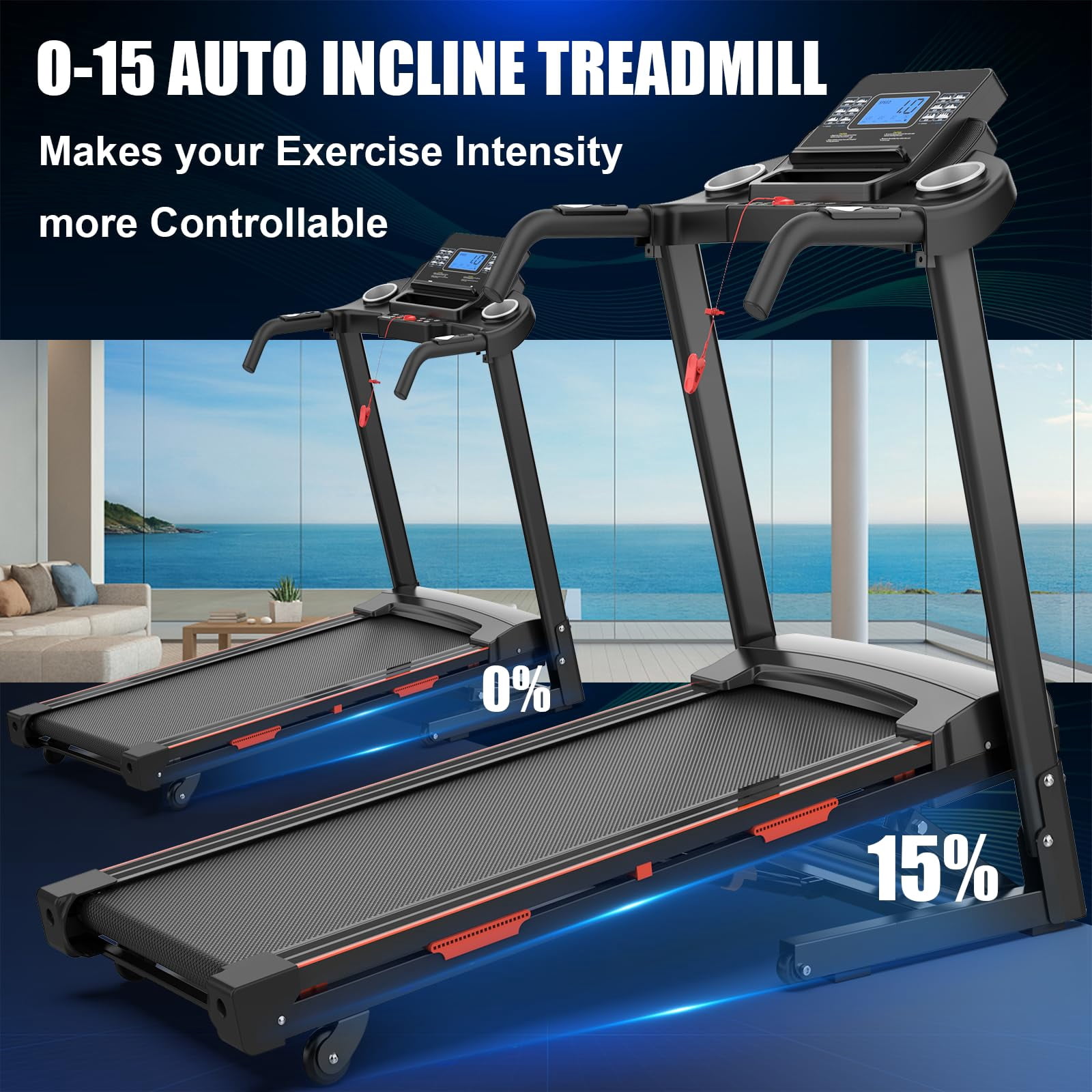 OBENSKY 15% Auto Incline Treadmills 400LBS, 3.5 HP Heavy Duty Treadmill for Home, Walking Folding Machine, Wide Belt, 0.5-8.5MPH, Bluetooth, APP