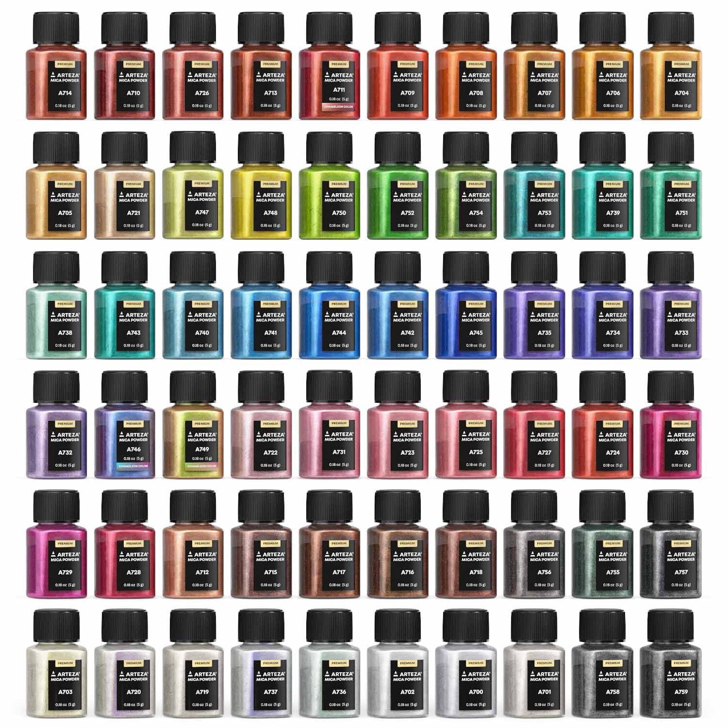 Arteza Mica Pigment Powder, Multicolor, Set of 60, 0.18 fl oz