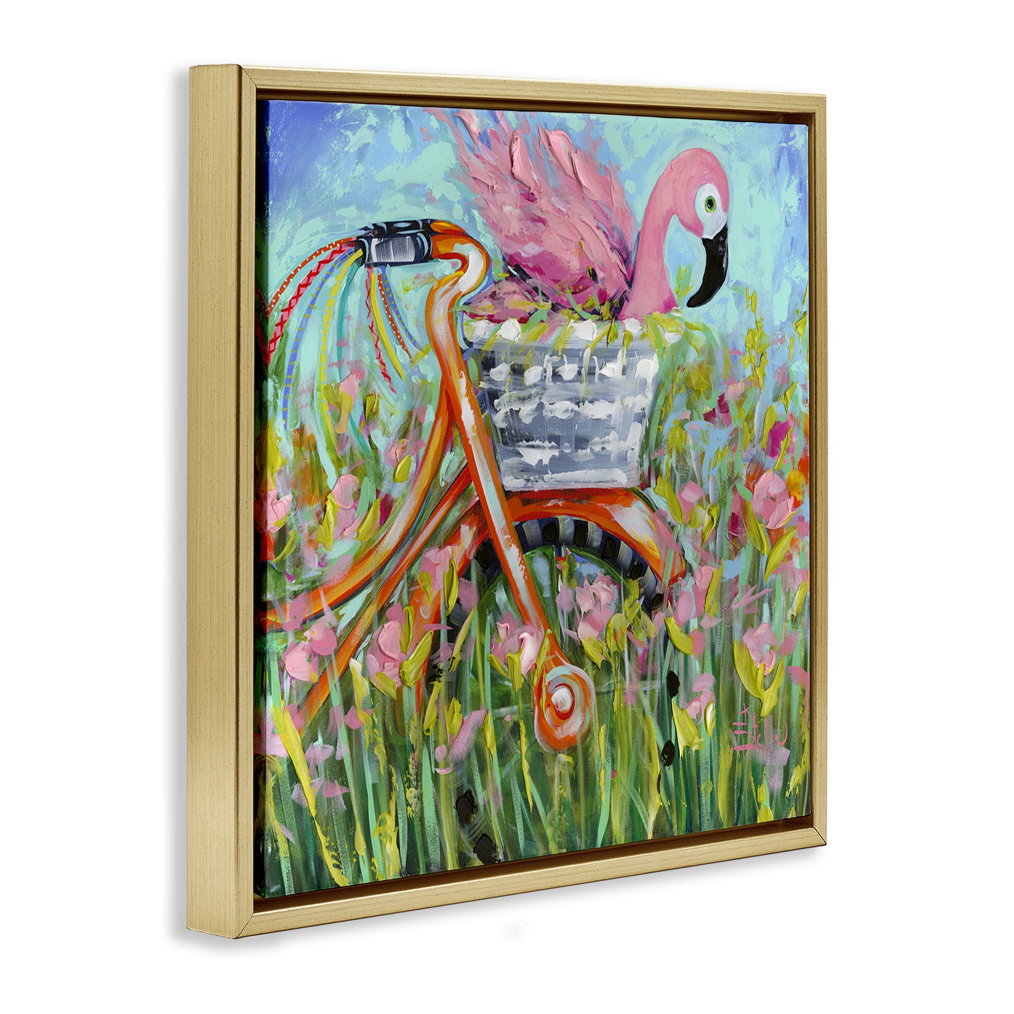 Stupell Industries Flamingo's Free Bicycle Ride Gold Framed Floater Canvas Wall Art, design by Estelle Grengs