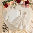 thumbnail image 5 of HCNTES Toddler Baby Girl Outfits Long Sleeve Bow Ribbed Romper Suspender Skirts 3Pcs Outfits Birthday Girl Outfit, 5 of 7