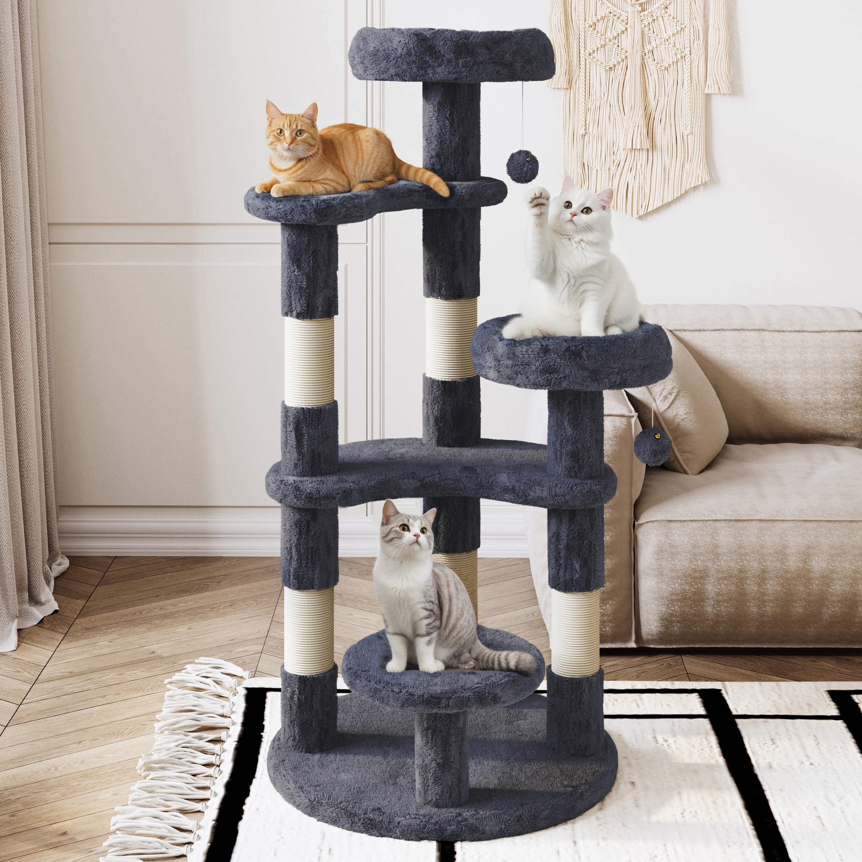 Amolife 55.5" Large Cat Tree and Tower with 5 Scratching Posts, Cat Perches for Indoor Cats and Kittens, Blue Gray