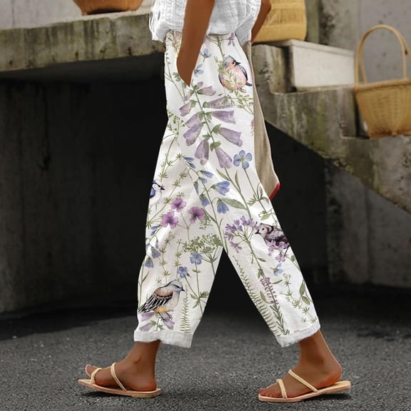 KDFJPTH Women's Floral Bird Print Linen Blend Pants Elastic Waist Cropped Casual Trousers with Side Pockets White L