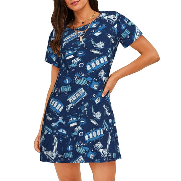 Fotbe Blue Bus Bata de Dormir para Mujer con Estampado, Camisón de Algodón de Manga Corta, Ropa de Dormir Casual