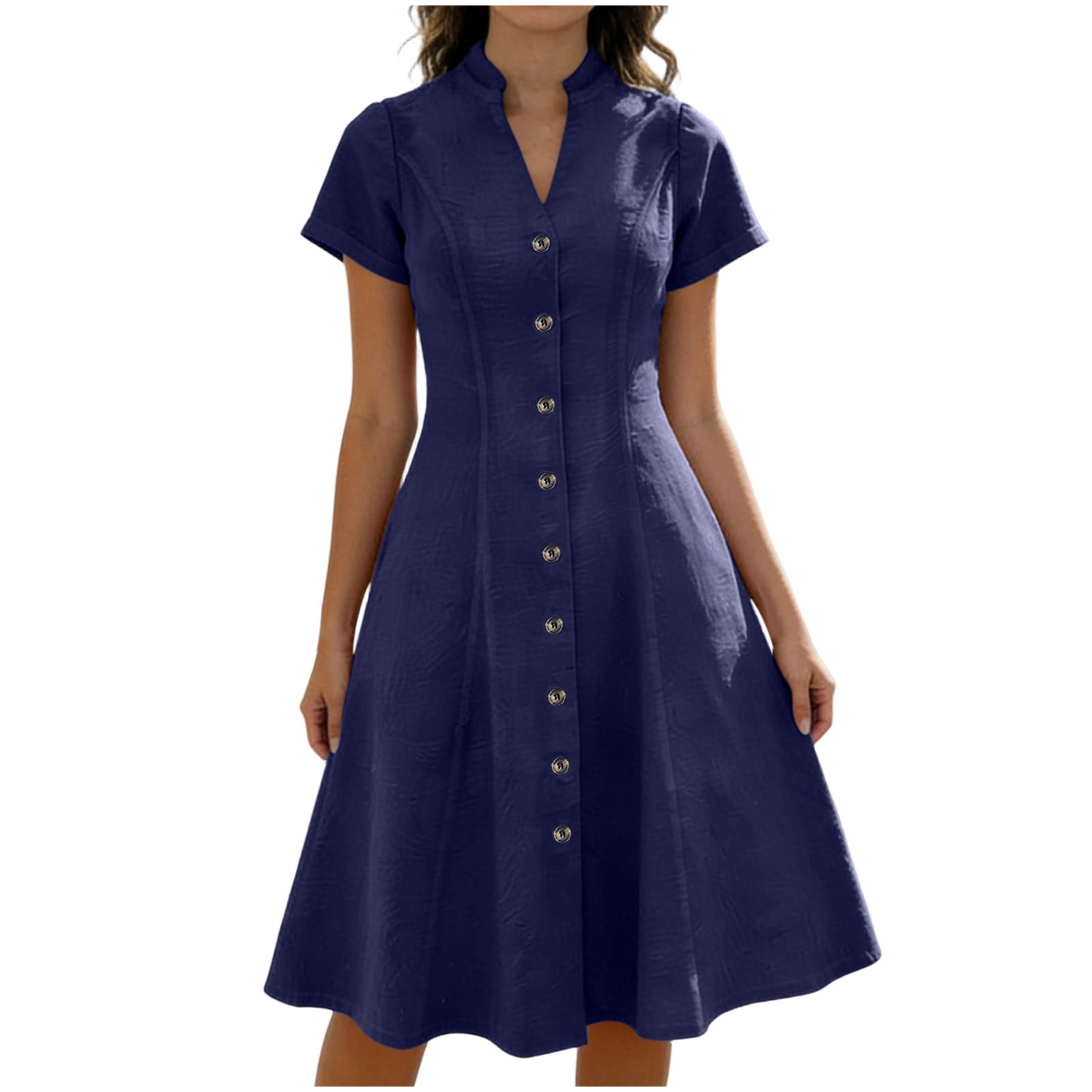 Fewfanhot Dresses for Women Elegant Classy Summer Fit and Flare Swing Cotton Dress Casual V-Neck Button Down Beach Midi Dress