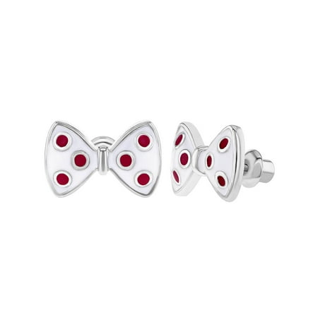 - Rhodium Plated Pink Polka Dots Bow Kids Earrings Screw Back Enamel Toddler Girls