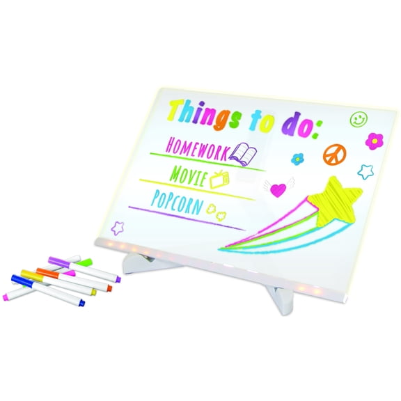 Space Light Acrylic 12 Inch Dry Erase Board with Light with 7 Color Markers Neon Glow LED Light-Up Message Board with Stand