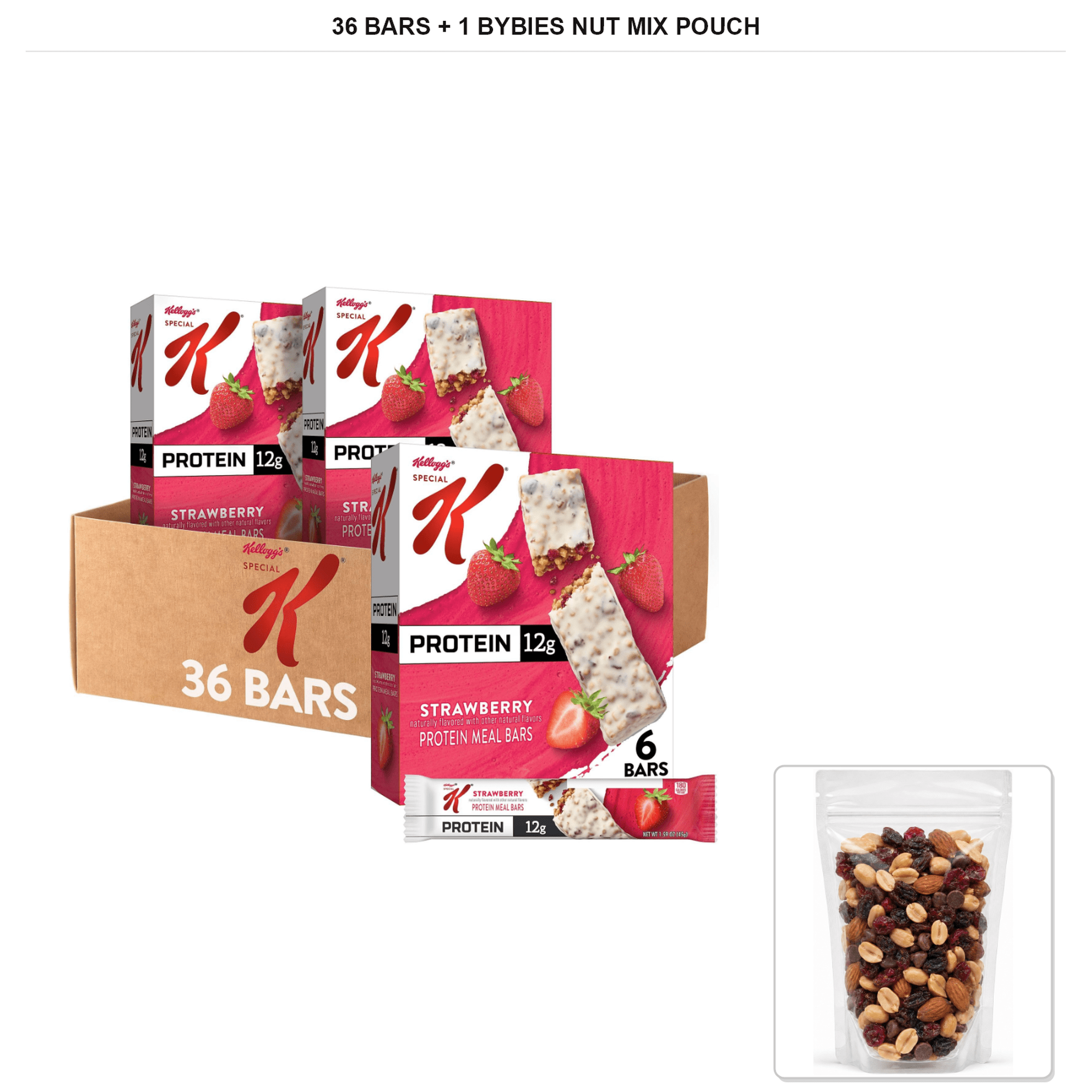 Special K Strawberry Protein Meal Bars, 6 Boxes x 6 Bars, 36 Bars Total + 1x Bybies Nut Mix Pouch, 2 oz
