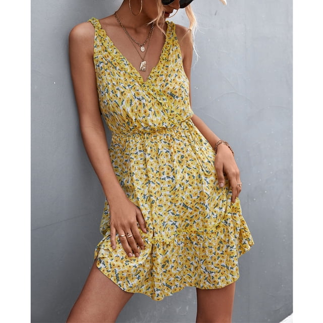 Vestido Cruzado Con Cuello En V ANGGREK para Mujer Corto Sin Mangas Con Volantes y Cintura Alta