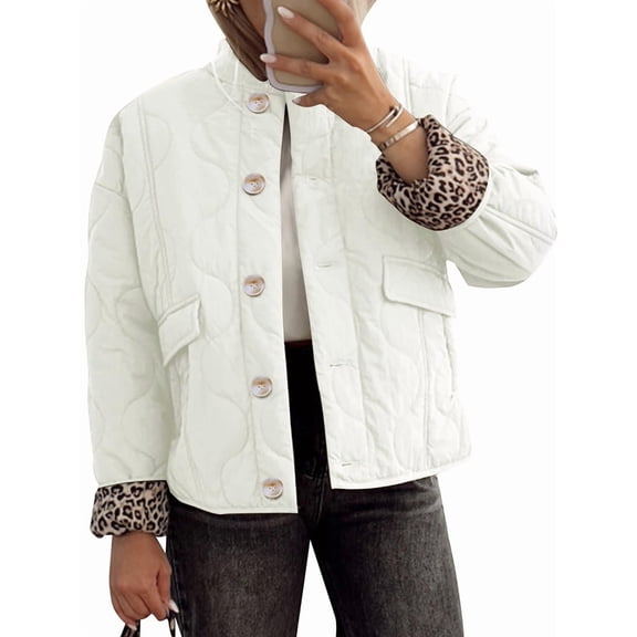 Women Quilted Jacket Oversized Leopard Lined Puffer Jacket Button Down Padded Coat Milky L