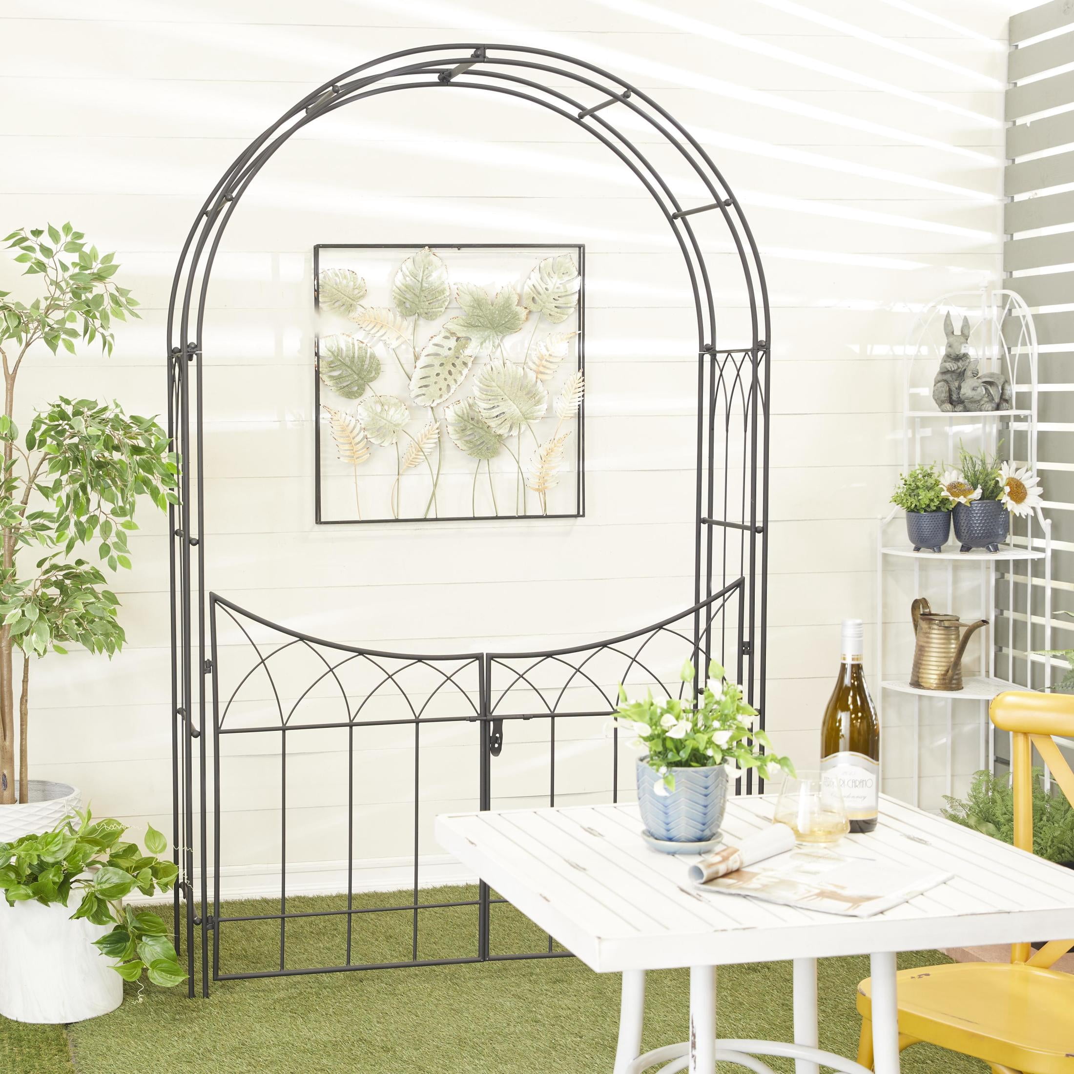 DecMode 86" Indoor Outdoor Arched Gate Black Metal Garden Arbor with Lattice Work Sides