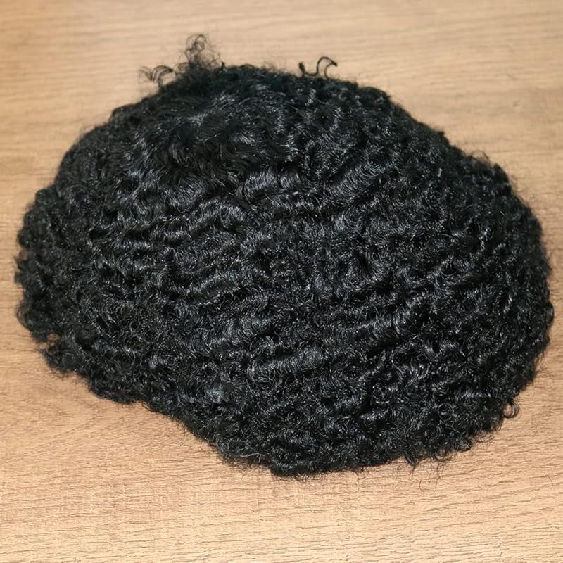 Indian Remy Human Hair Curl Toupee 10x8inch for Men with Men Hair System Replacement Wig (1# Jet Black- 15MM Curly)