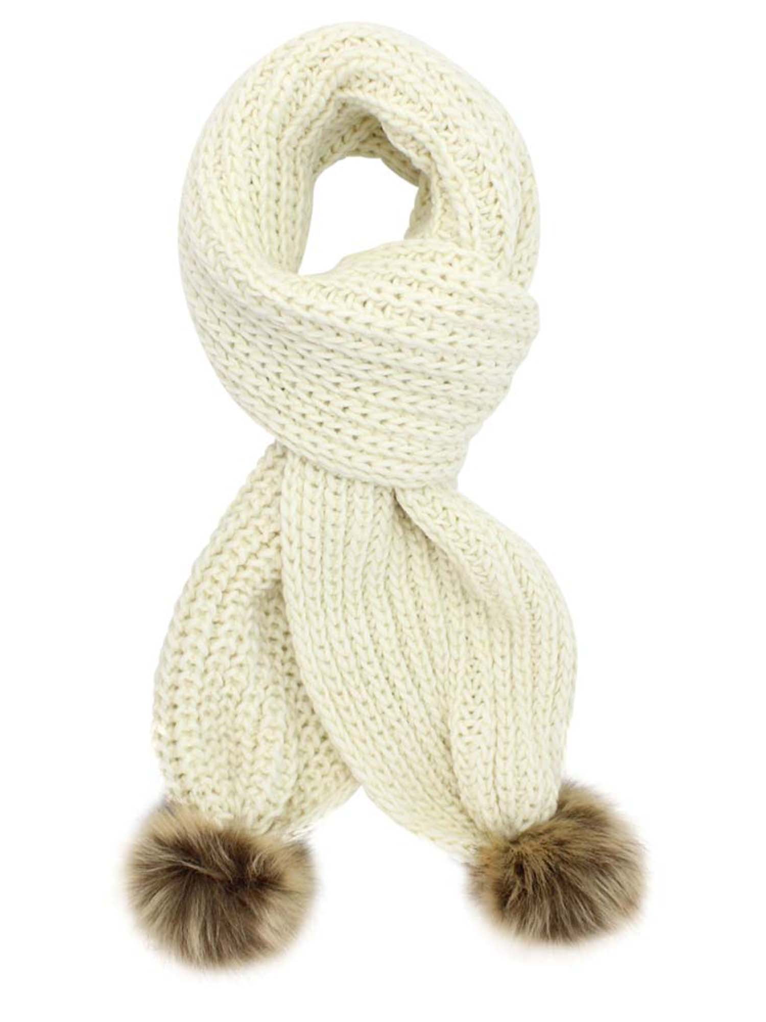 Luxury Divas chunky knit oblong scarf with faux fur pom poms