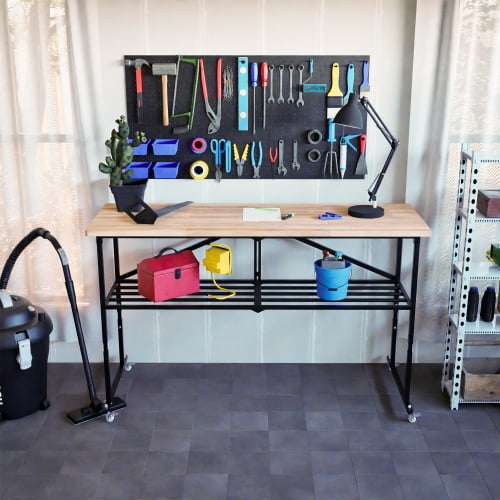 SmartFold Heavy-Duty Folding Workbench with Butcher Block Top, Portable Wood Work Table with Locking Casters & Quick-Collapse Steel Frame for Garage Workshop, Natural Wood