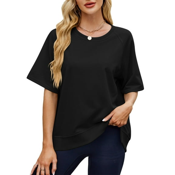 Baberdicy Women's Mid Sleeve Sweatshirt Loose Fit Round Neck Casual Pullover Lightweight Fall Top Black, L