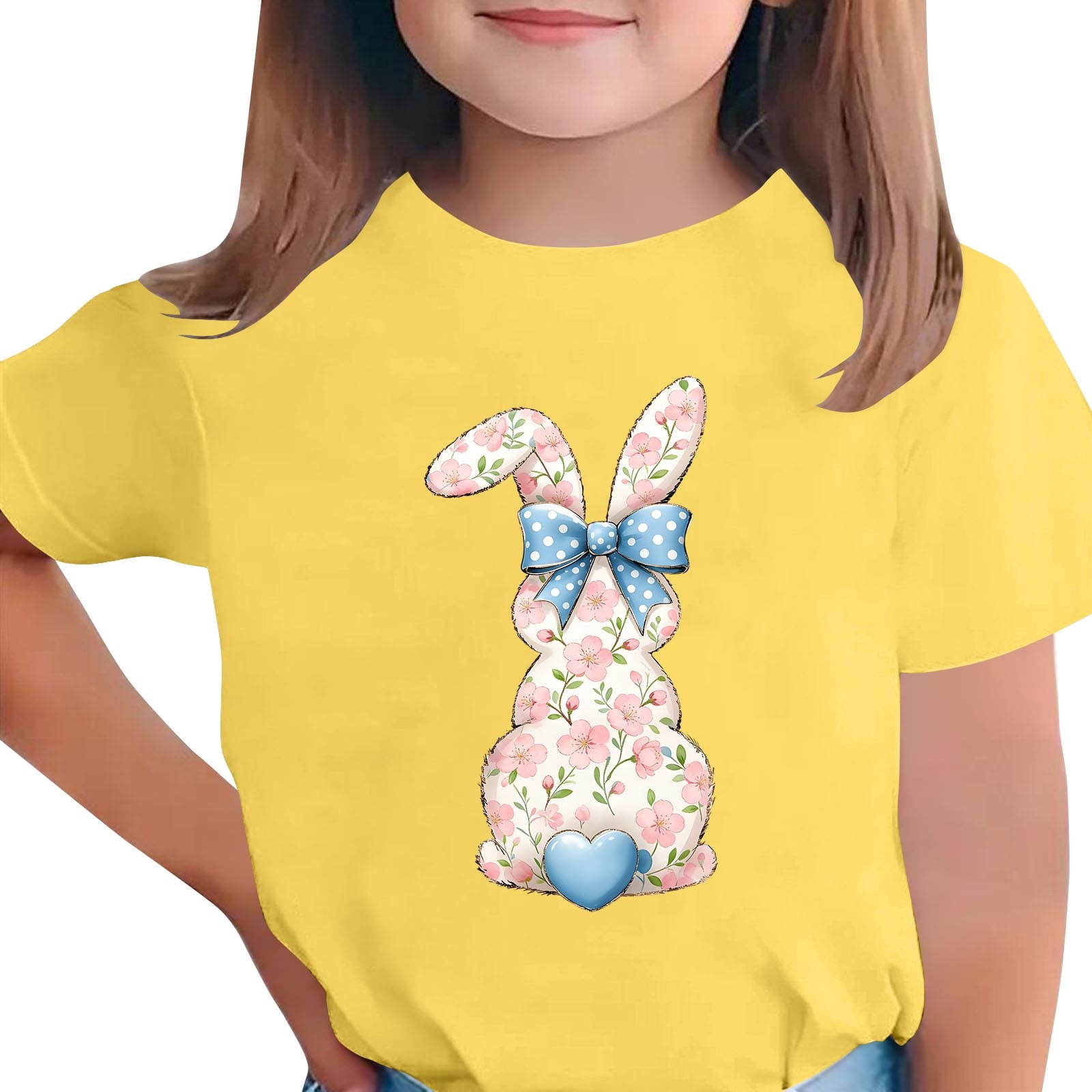 SERTG Girls Easter Bunny Print Short Sleeve T Shirt Soft Breathable Crew Neck Tee Casual Regular Fit Lightweight Comfortable Fashion Top Cute Easter Holiday T Shirt(Yellow 5-6Years)