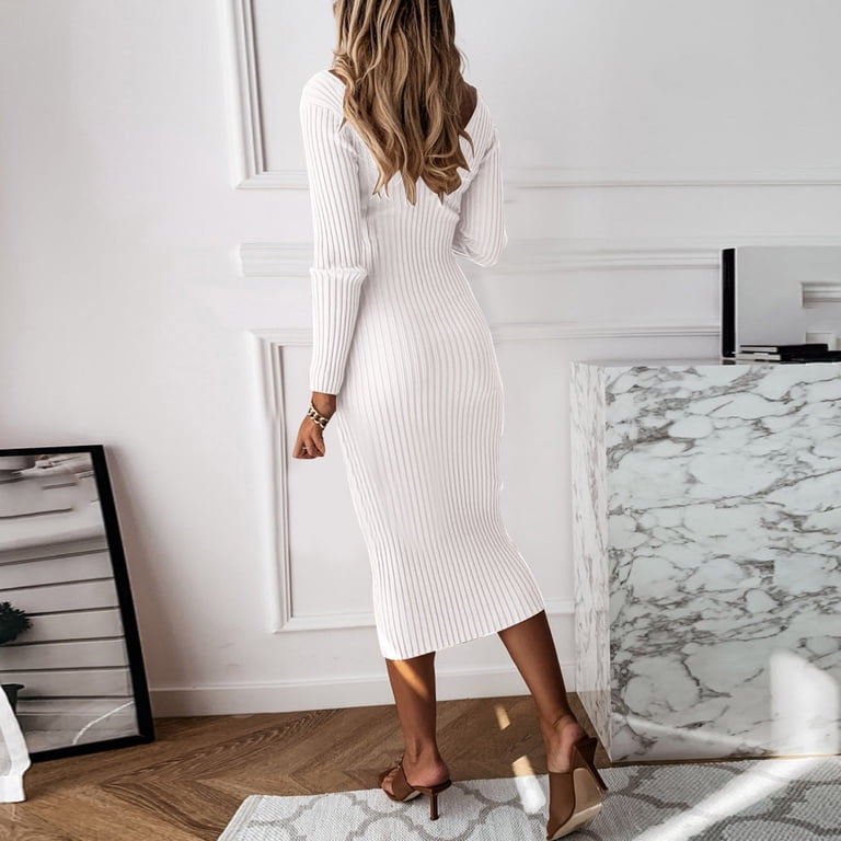 BKQCNKM Long Sleeve Dress for Women Bodycon Dresses for Women V Neck  Knitted Pencil Dress Jumper Long Dress Ladies Dress Party Dress Fall Dresses  for Women White L - Walmart.com