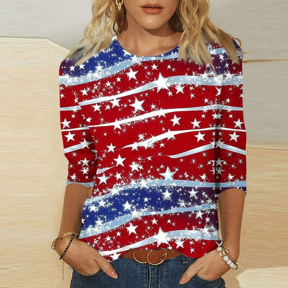 Dianli 4th of July Tshirt Graphic Going out Tops for Women Lace V Neck Basic Summer Beach Loose Fit 3/4 Sleeve Casual Tops Plus Size Fourth of July Outfit Women Summer Saving Red M