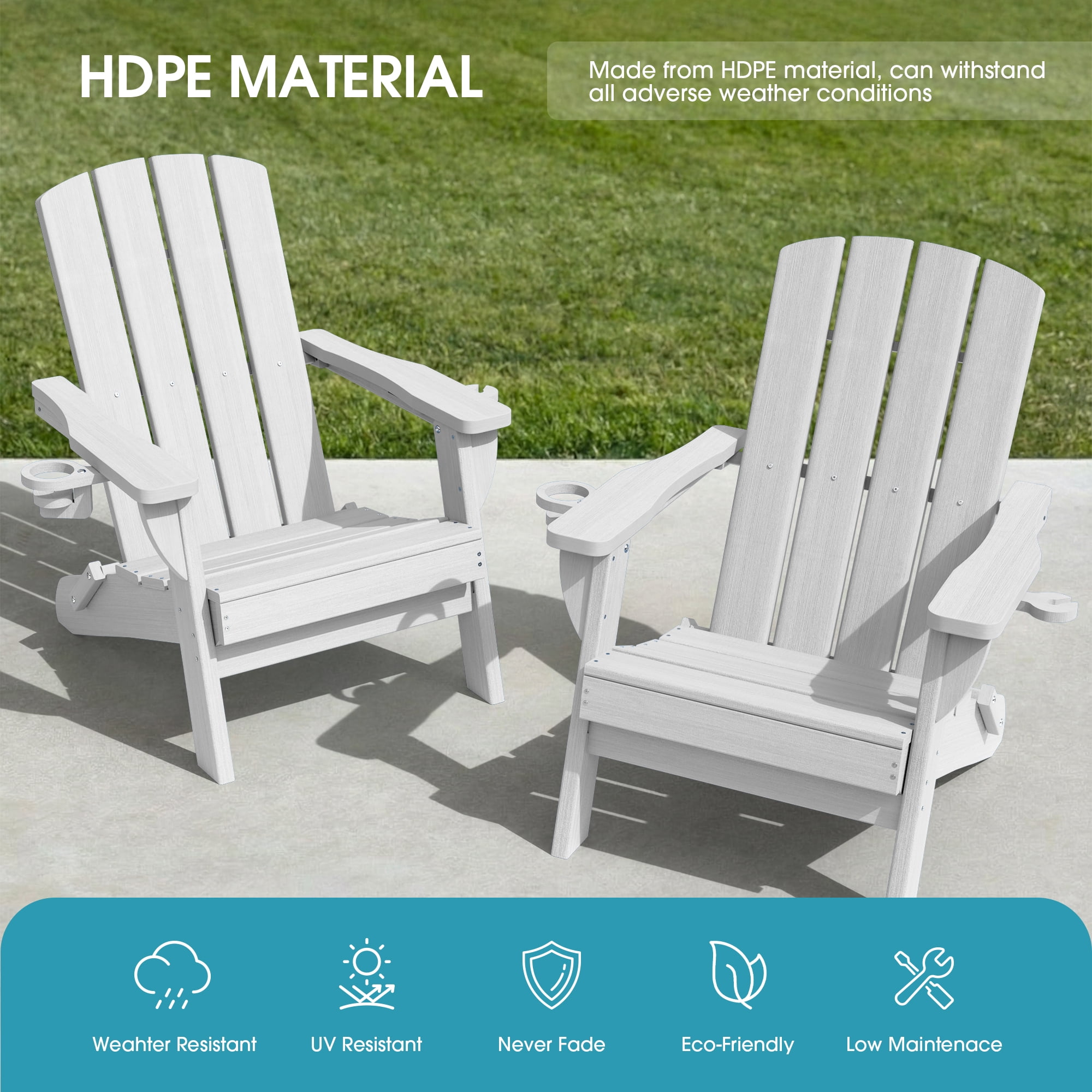 SUUNYN Folding Adirondack Chair Set of 2, HDPE Fire Pit Chairs, White