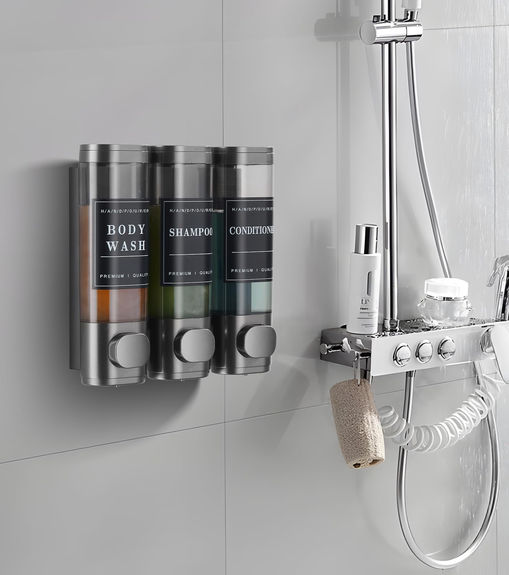 Shampoo and Conditioner Dispenser，Shower Soap Dispenser Wall Mounted No Drill Shampoo Dispenser，Shower Dispenser 3 Chamber 3 * 300ml No Drill Gungray with Labels