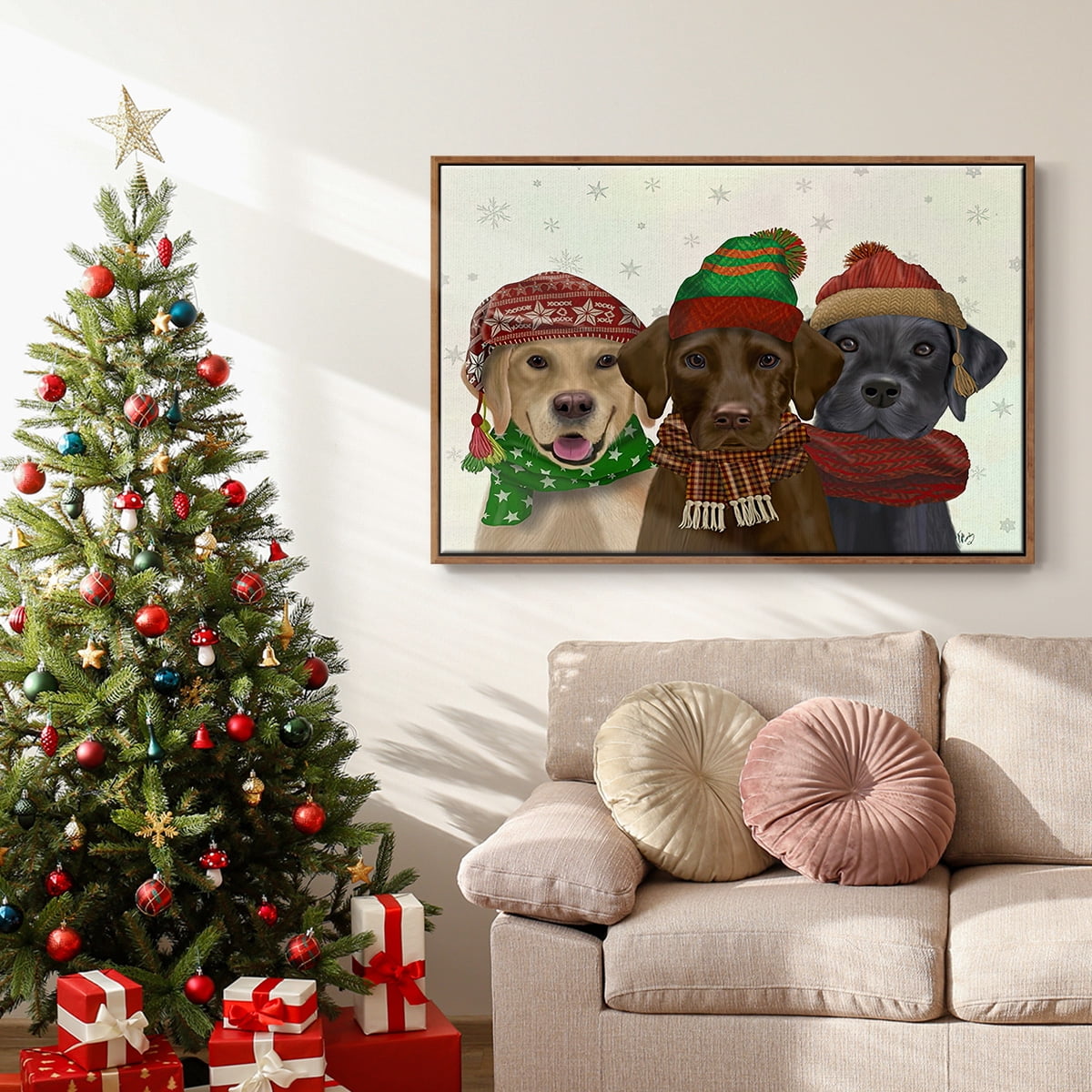 Christmas 3 Winter Labs - Framed Gallery Wrapped Holiday Canvas - 27 x 41 - Rosewood Frame