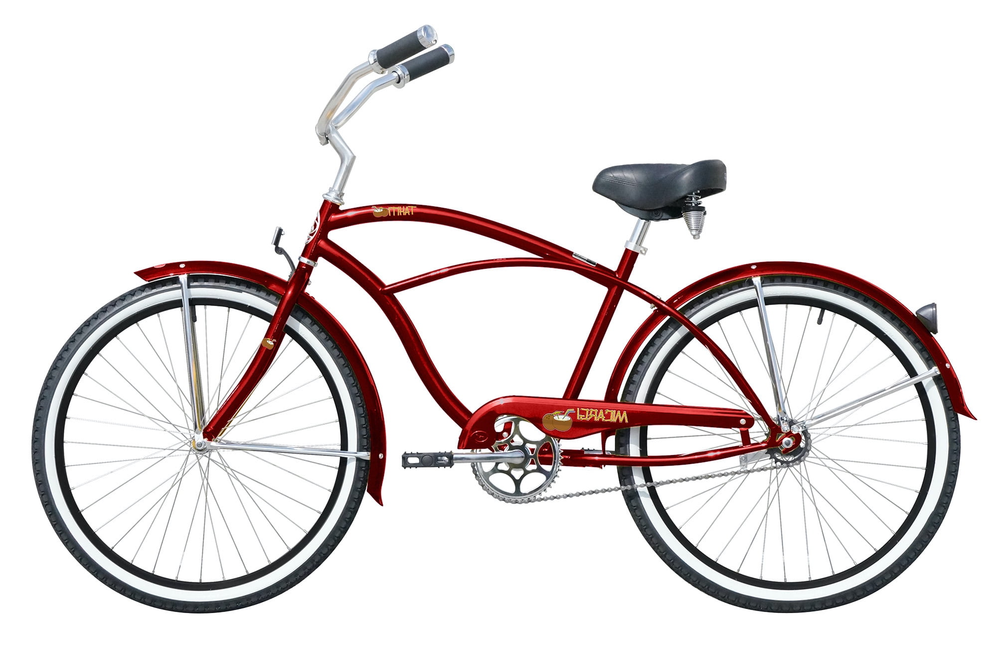 Wonder Wheels 26" Beach Cruiser Coaster Brake Stainless Steel Spokes One Piece Crank Alloy Matte Black Rims 36H W/ Fenders - Red & Black