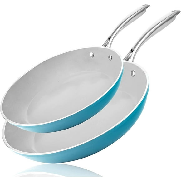 Gotham Steel Aqua Blue Ensemble de poêles antiadhésives, 2 pièces, poêles antiadhésives en céramique de 9,5" et 10,5", poêles de cuisson avec poignées qui restent froides - Passent au lave-vaisselle e