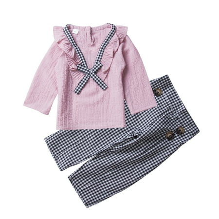 

Puloru Kids Girls Long Sleeve Patchwork Top+Plaid Long Pants Outfit