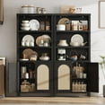 thumbnail image 3 of Farmhouse Bookshelves with Rattan Doors, 70" Tall Cutlery Shelves with Three Tiers of Open Storage, Floor Standing Display Shelves, Bookcases for Home, Office, Living Room, Black, 3 of 7