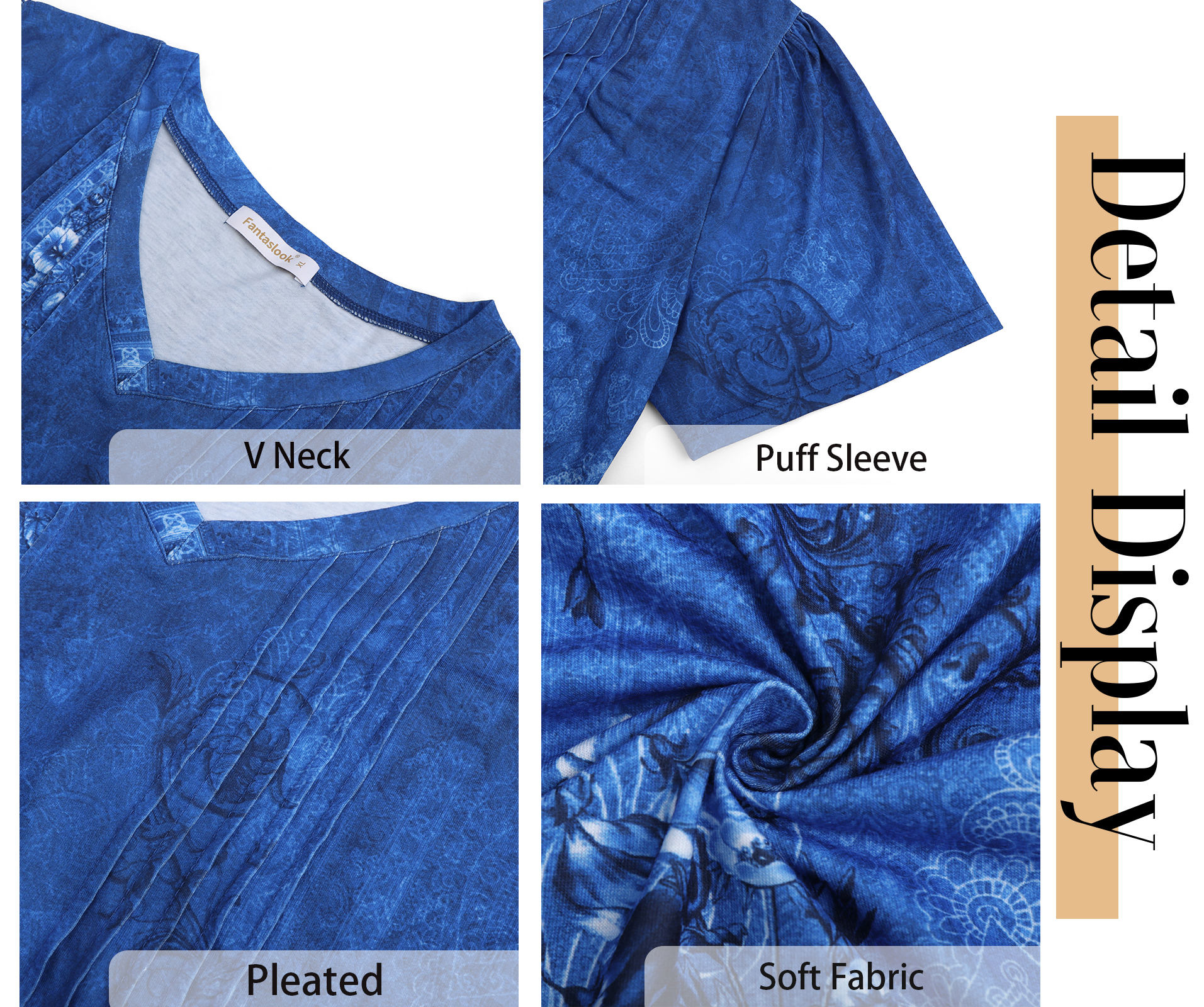 Fantaslook Women's V-Neck Pleated Boho Blouse, Blue Floral photo 5