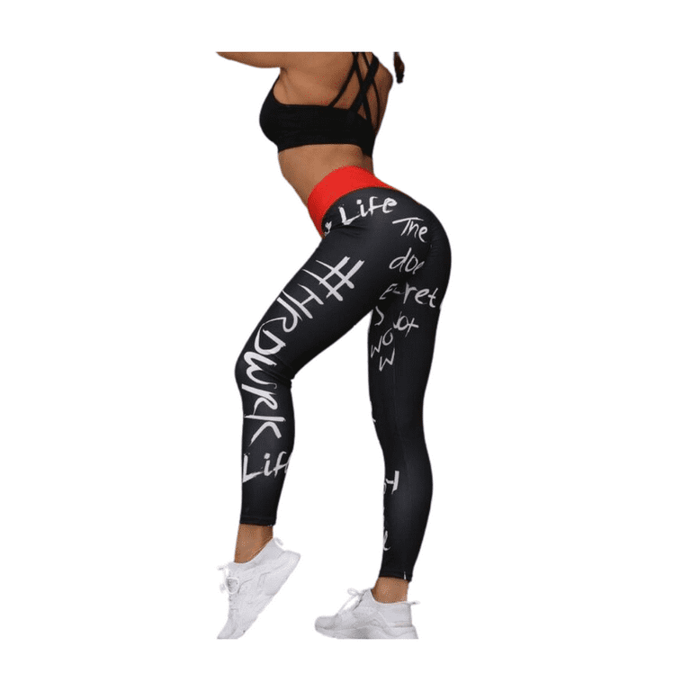 Brew4Fashion No Days Off Letter Print Stylish Workout Leggings Black White Red Small