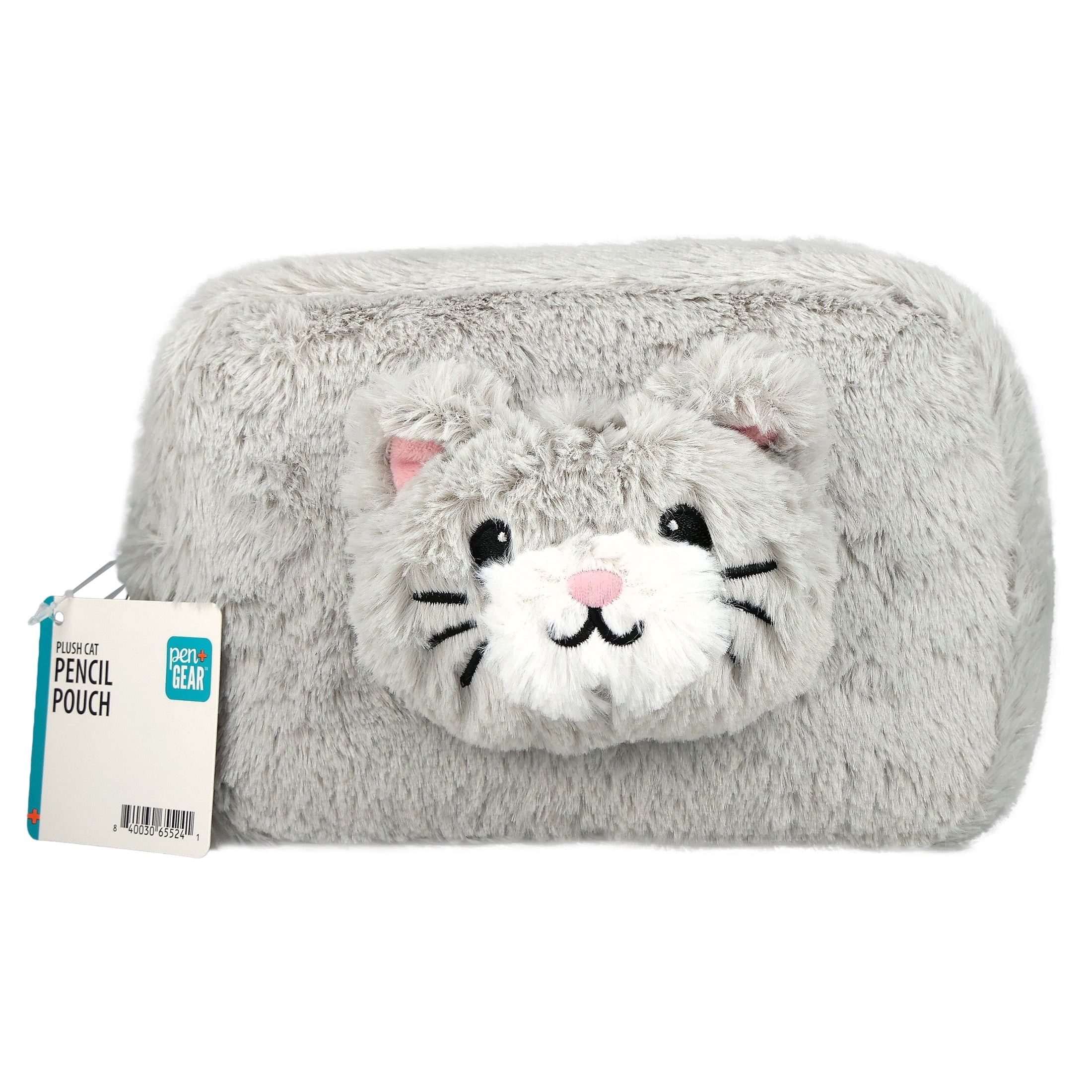 Pen + Gear Faux Fur Cat Pencil Pouch, Grey, Educational Level: Perfect for Students of All Ages--Elementary, Middle School, High School, College, and Adult Professionals