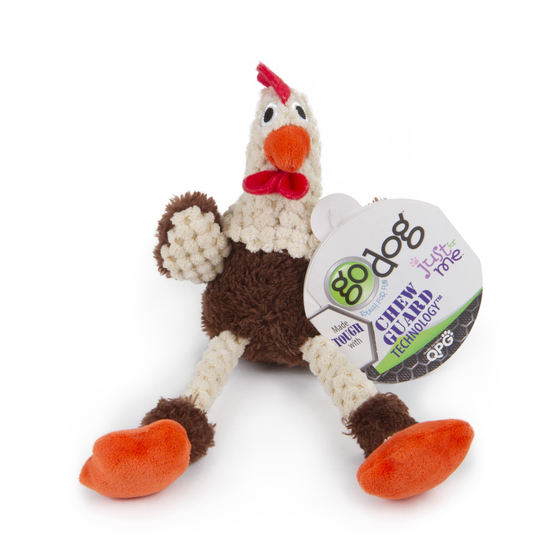 goDog Checkers Skinny Rooster Squeaky Plush Dog Toy with Chew Guard Technology, Durable Fabric & Squeaker for Active Play, Brown, Mini