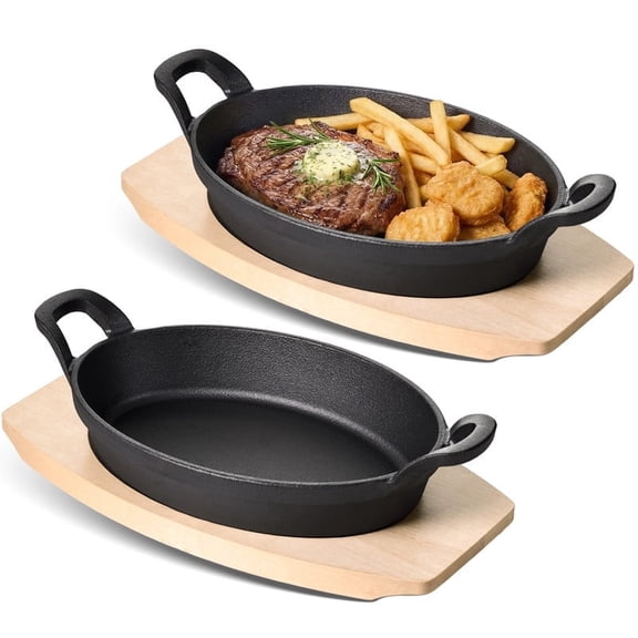Hawsaiy 2 Pcs Cast Iron Grill Pan with Wooden Tray, Oval Sizzling Plate with Binaural Handles, Non-Stick & Heat Resistant Skillet for Steak, Fish & Vegetables