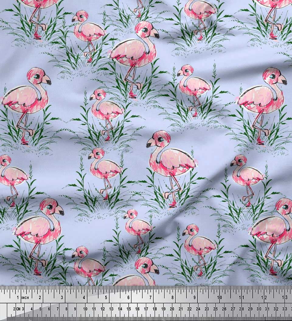 Soimoi Blue Viscose Chiffon Fabric - Flamingo Bird Print, 42 Inches Wide, By The Yard For Apparel & Decor