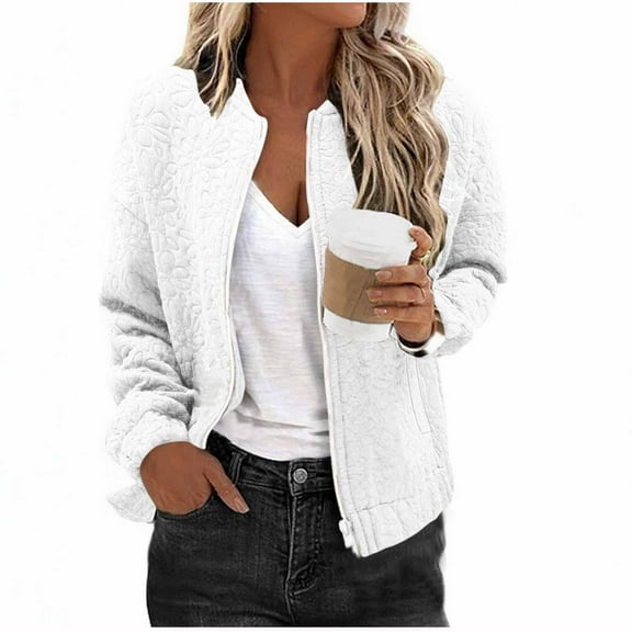 Bomber Jacket for Women without Hood, Womens Solid Textured Casual Full Zip Cardigan Coats Fall Winter Outerwear (XL, White)