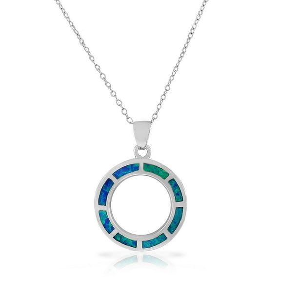 925 Sterling Silver Blue Turquoise-Tone Simulated Opal Circle of Life Pendant Necklace