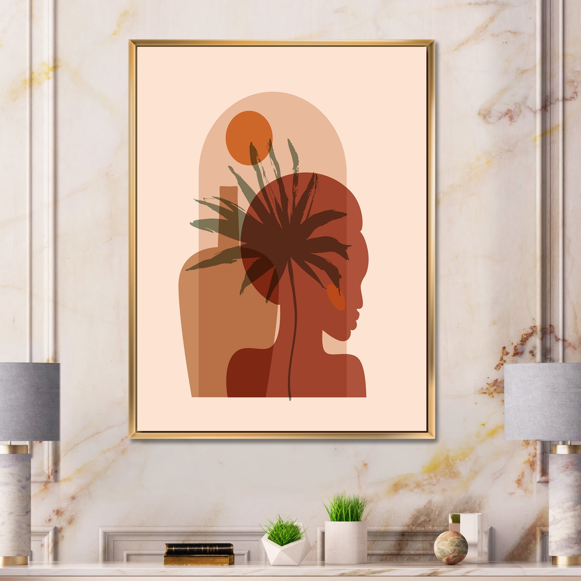 Designart 'Abstract Pretty Girl Portrait and Tropical Palm Leaf' Modern Framed Canvas Wall Art Print