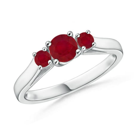 Estate Platinum Ruby - July Birthstone Ring - Classic Round Ruby Three Stone Ring in Platinum (4mm Ruby) - SR0226R-PT-AA-4-7