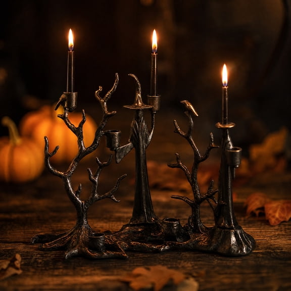 MInHoues Halloween Integrated Witch Tree Crow Candelabra, 10.8Inch Black Resin Spooky Forest Tealight Candle Holder Table Centerpiece Indoor Gothic Farmhouse Fall Decor Ornament