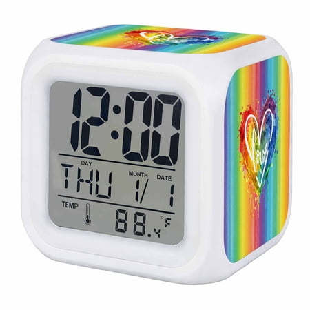 Colorful Love Heart Digital Alarm Clock for Bedrooms, Smart LED Alarm Clock with 7 Color Changing Night Light, Watercolor Striped Rainbow Silent Wake Up Clocks for Sleep Study Cooking 3.2x3.2