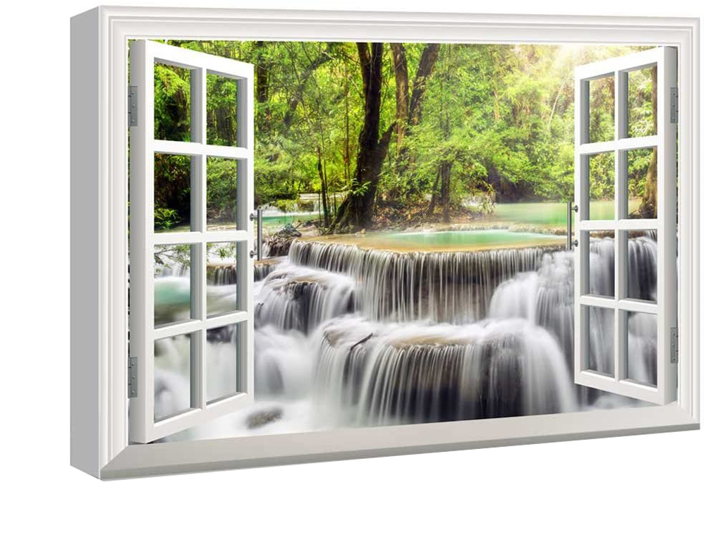 Window View Wall Art 3D Creative Waterfall Picture Gallary Wrapped Canvas  Art For Bedroom Livingroom Decoration Print Ready to Hang
