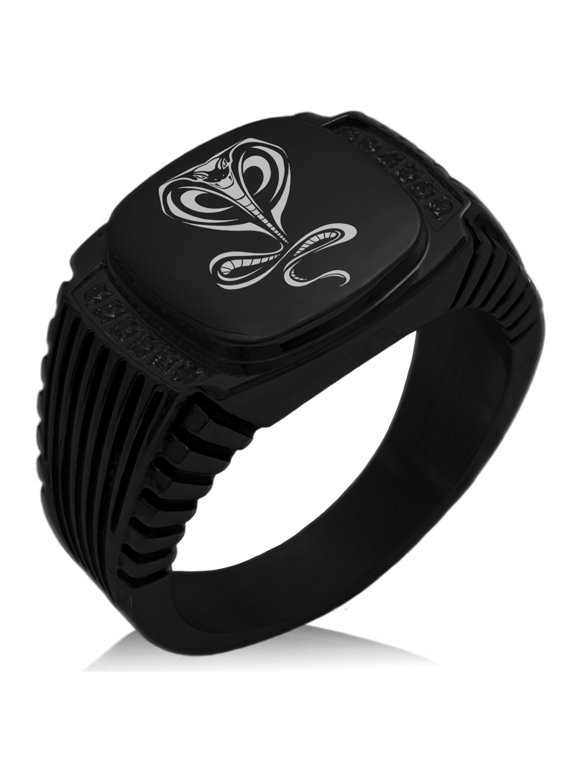 Stainless Steel Serpentine King Cobra CZ Ribbed Needle Stripe Pattern Biker Style Polished Ring